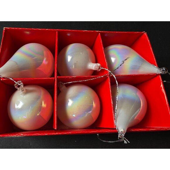 6 Vintage Iridescent Glass Teardrop & Round Christmas Ornaments With Silver Str - Picture 1 of 7